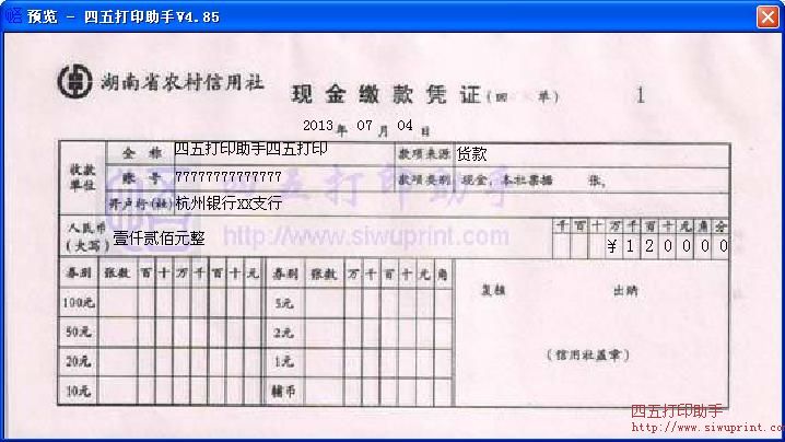 湖南省农村信用社现金缴款凭证打印模板