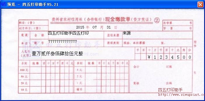 贵州省农村信用社现金缴款单打印模板 免费贵